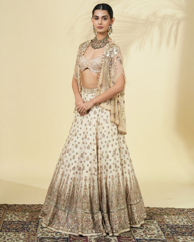 Coconut & Dull Gold Hand Embroidered Lehenga Cape Set