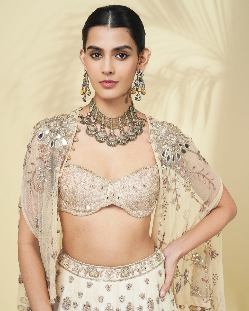 Coconut & Dull Gold Hand Embroidered Lehenga Cape Set