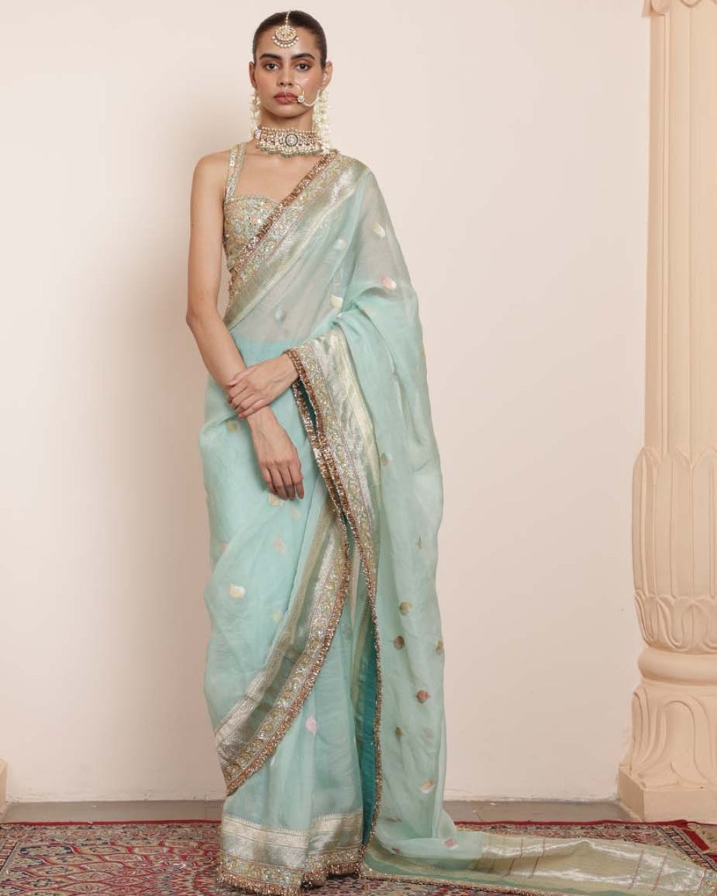 Sky Blue Silk Organza Kadhua Sari Set