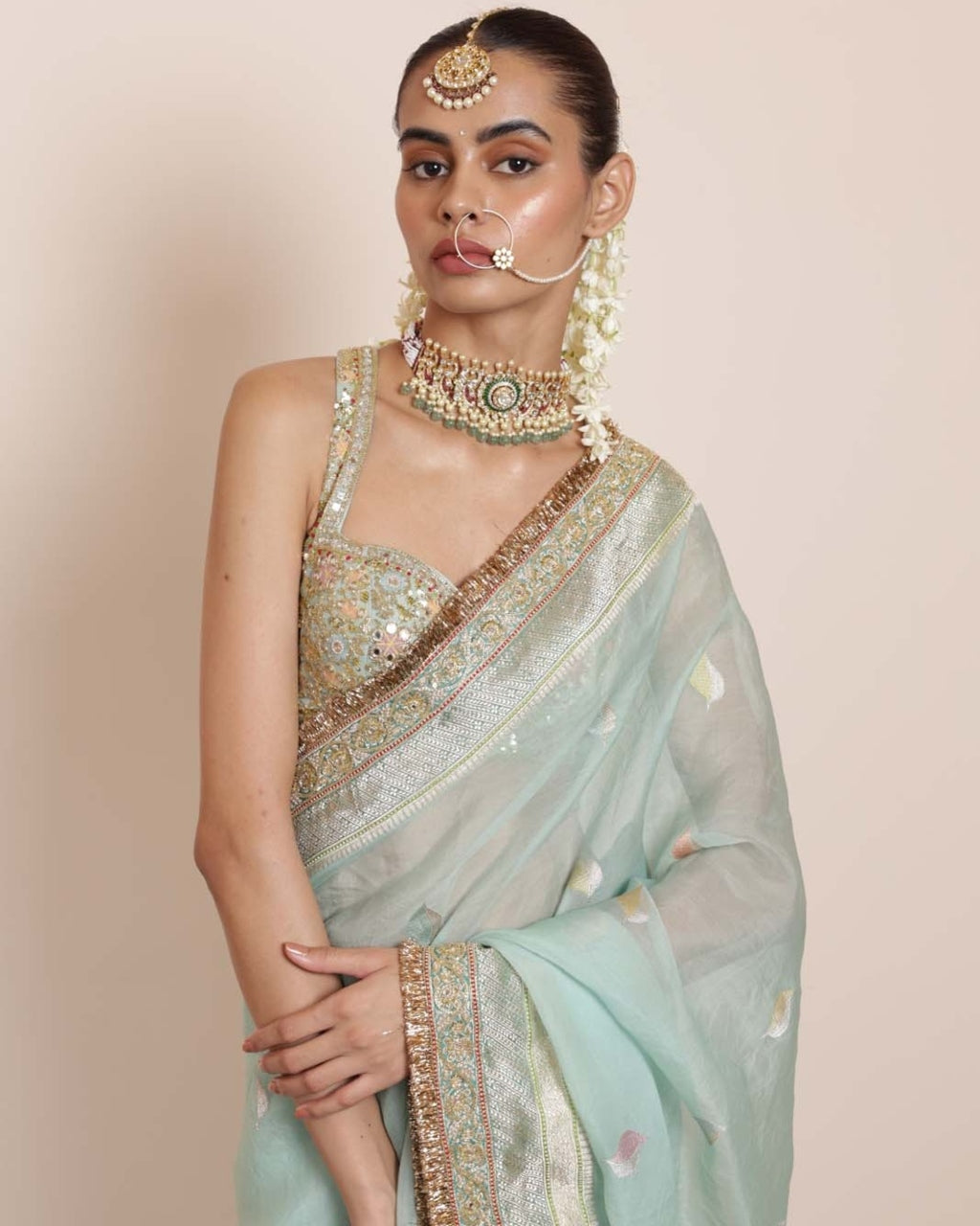 Sky Blue Silk Organza Kadhua Sari Set