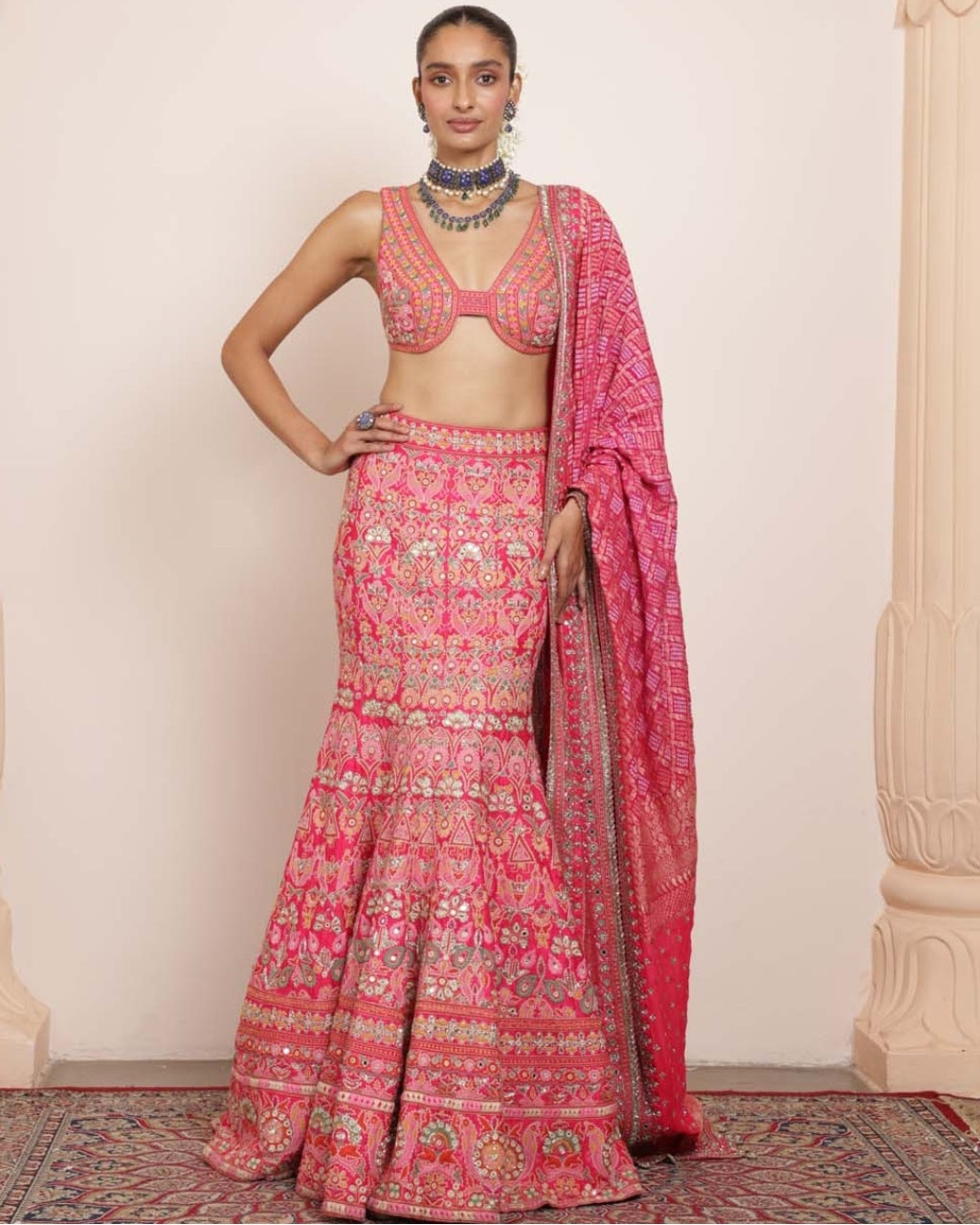 Bright Pink Mirror & Multi Thread Lehenga Set