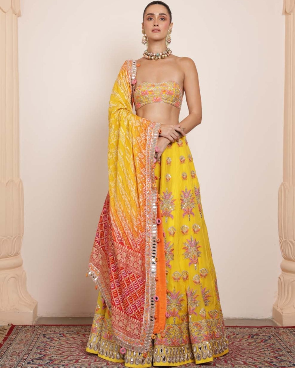 Yellow Mirror And Multi Thread Lehenga Set