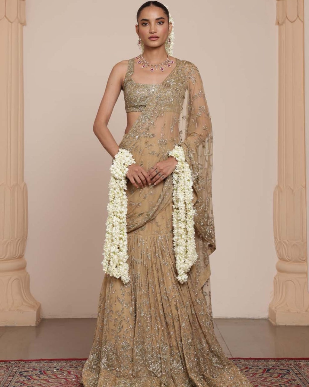 Skin & Beige Gold Hip Hug Sari Set