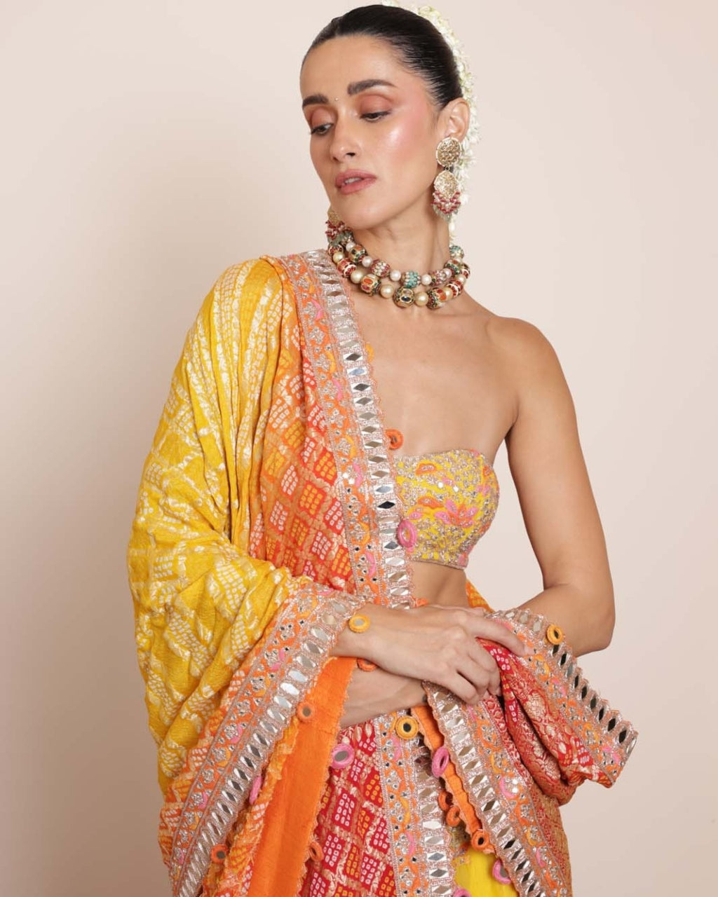 Yellow Mirror And Multi Thread Lehenga Set