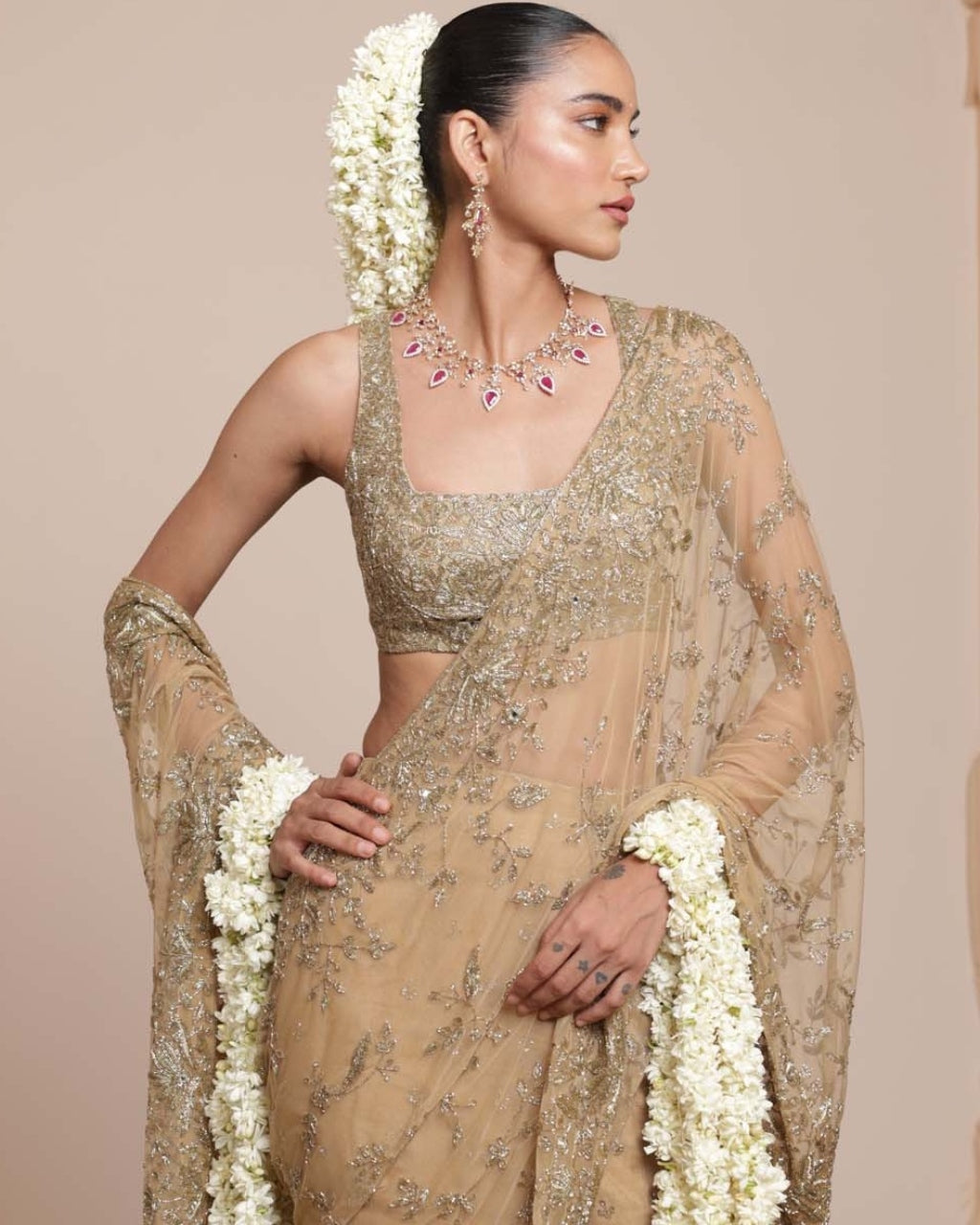 Skin & Beige Gold Hip Hug Sari Set