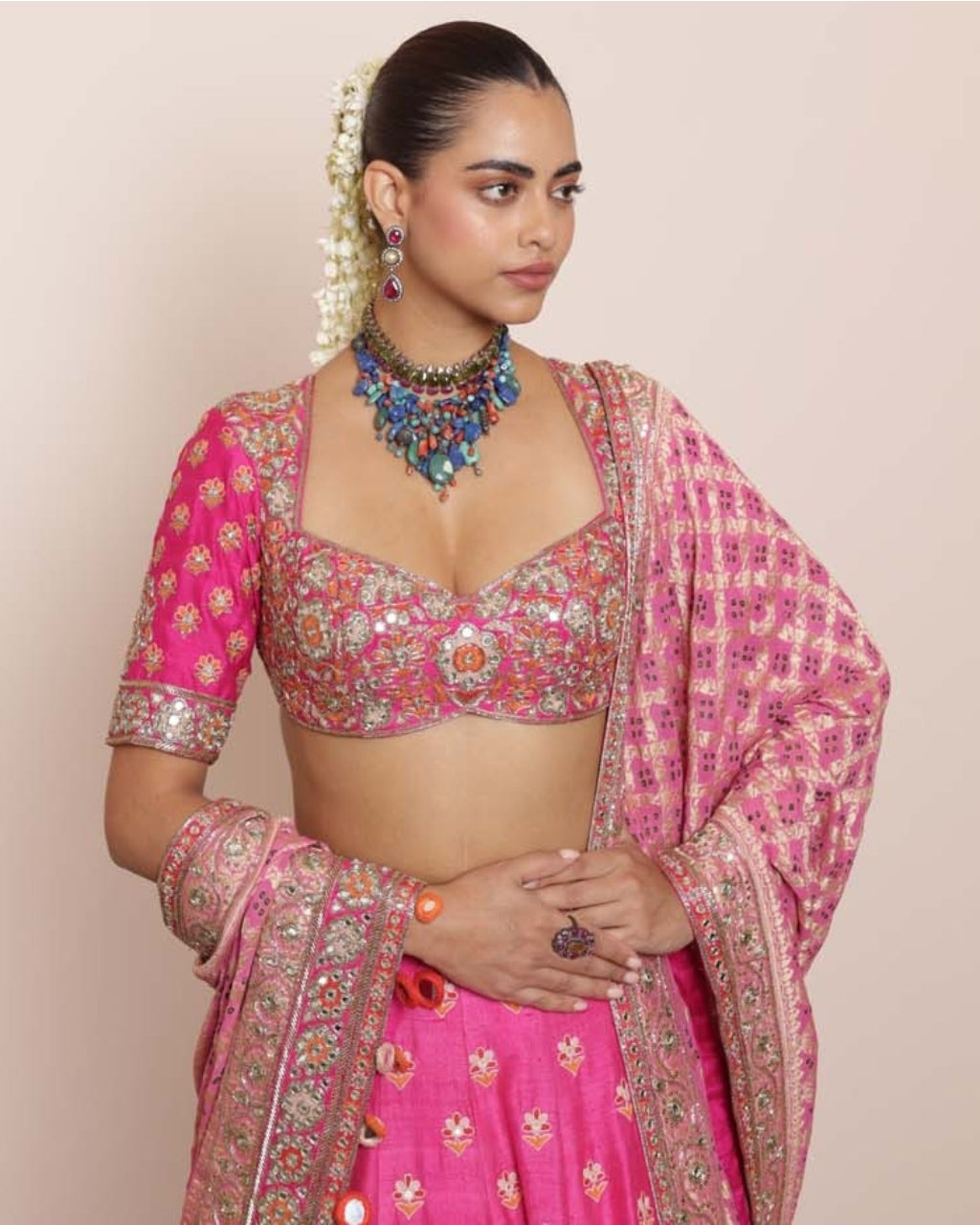 Pink Ahir Mirror Lehenga Set