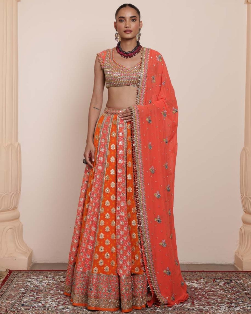 Coral & Orange Multipanel Lehenga Set