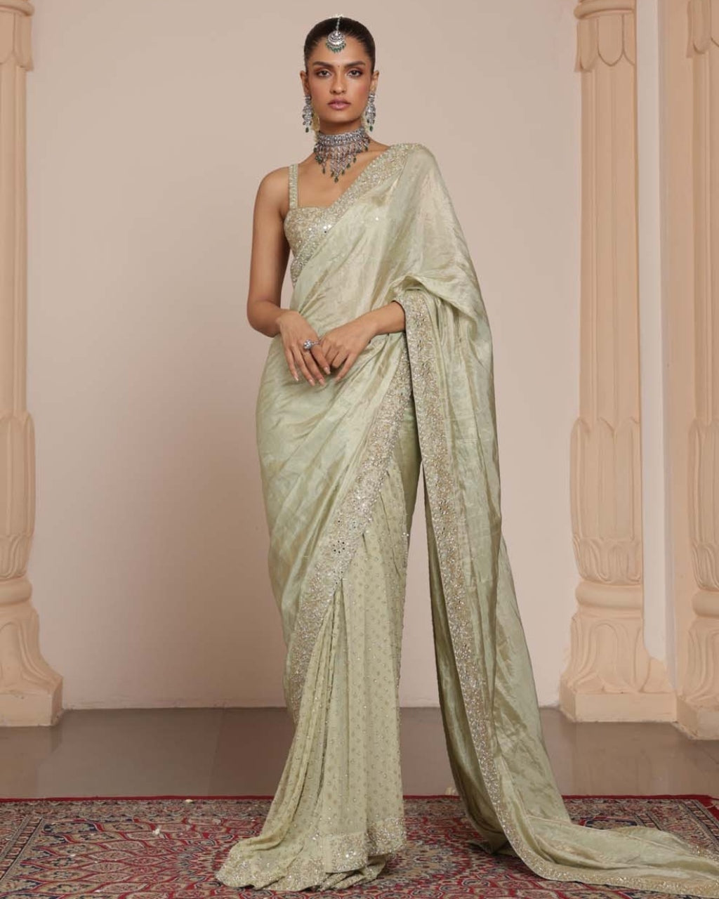 Sea Green Silk Tissue Sari Set