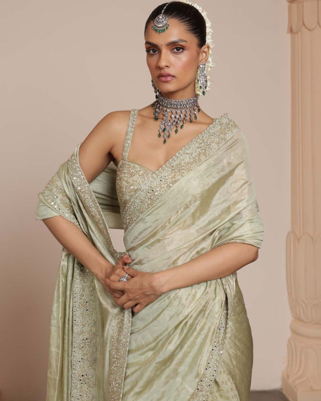 Sea Green Silk Tissue Sari Set