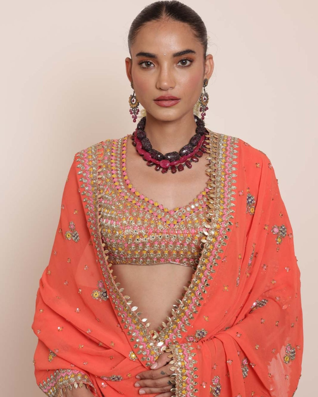 Coral & Orange Multipanel Lehenga Set