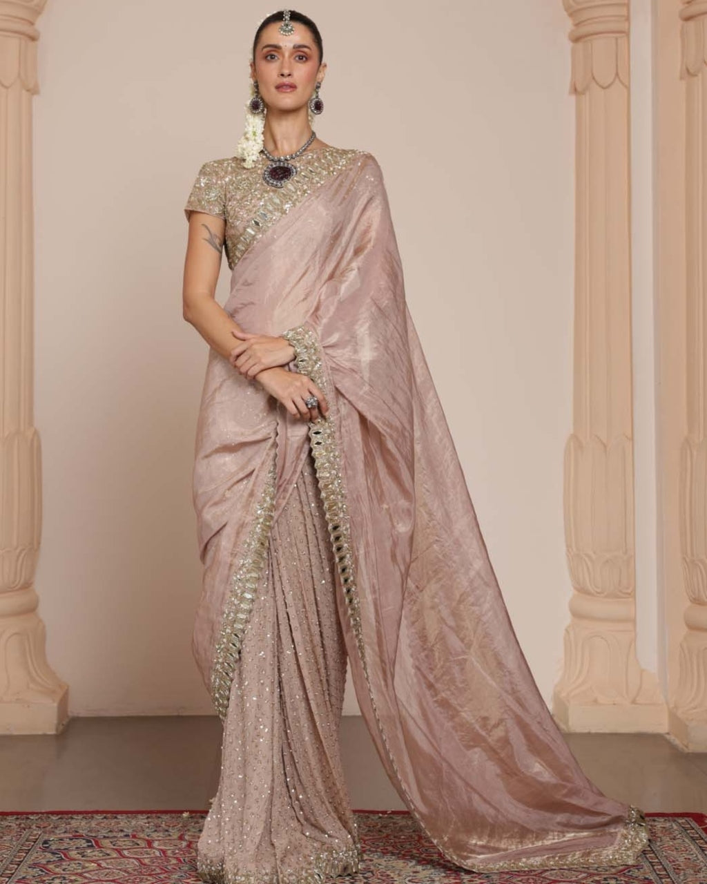 Old Rose Silk Tissue Sari Set