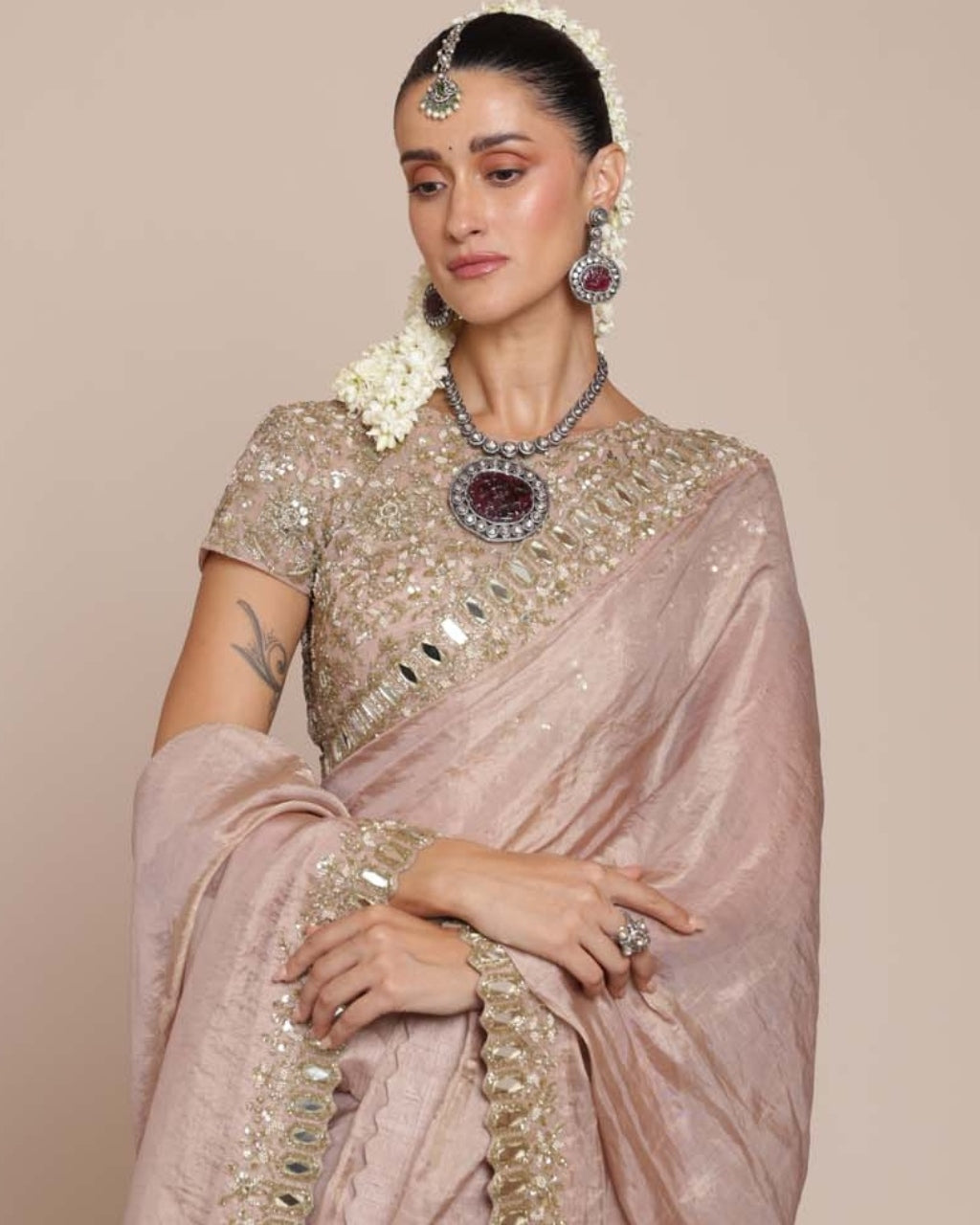 Old Rose Silk Tissue Sari Set