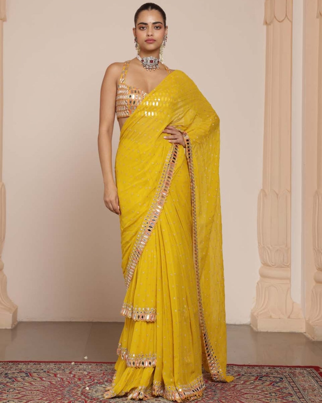 Solid Yellow Heavy Tiered Ruffle Sari Set