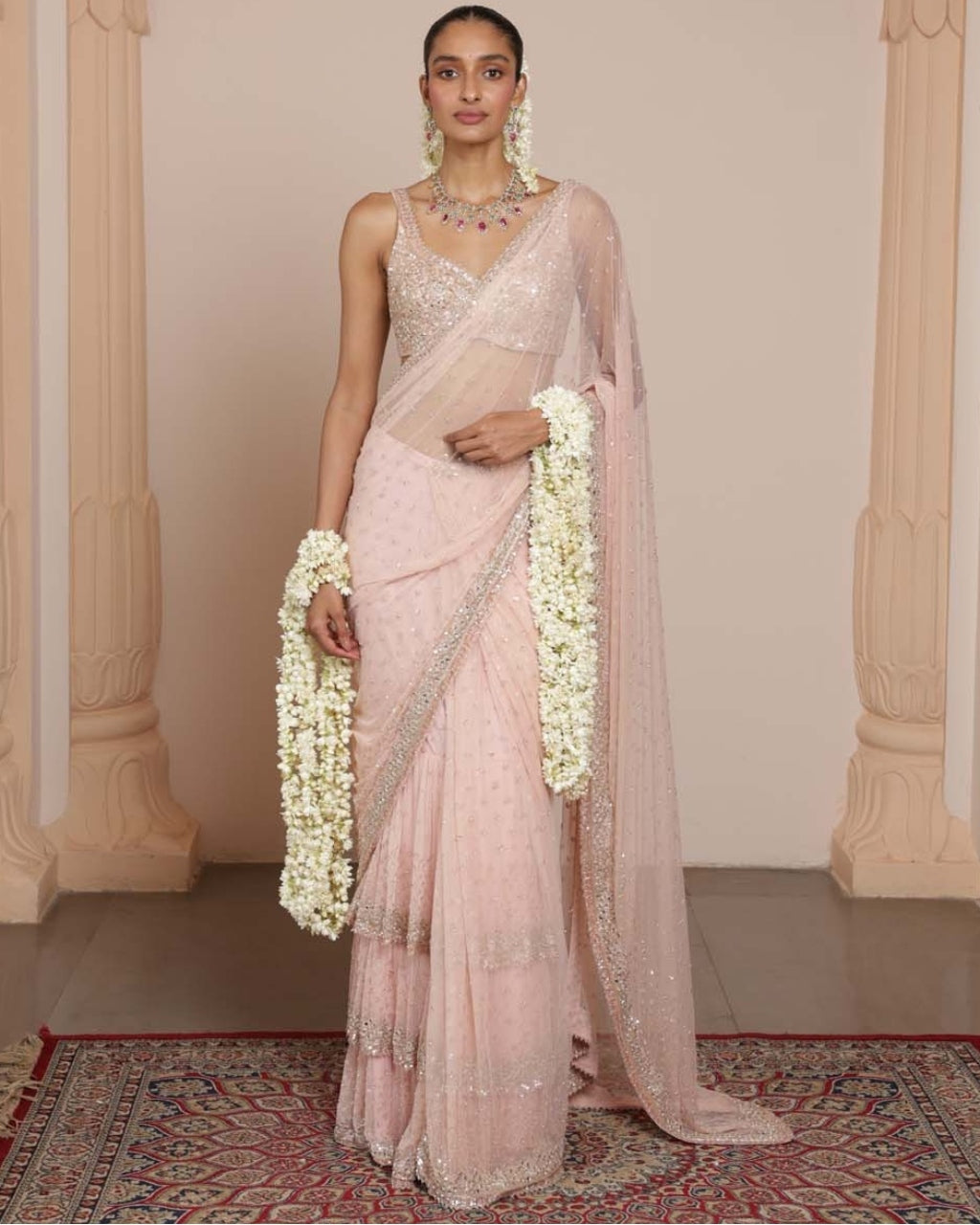 Dust Pink Mirror And Sequin Sari Set