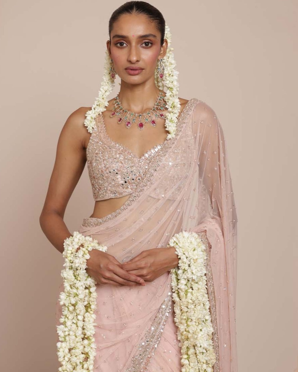 Dust Pink Mirror And Sequin Sari Set