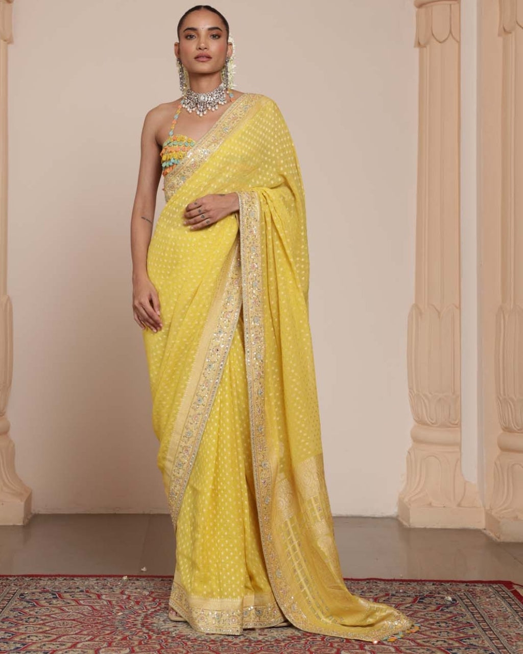 Lemon Yellow Bandhani Sari Set