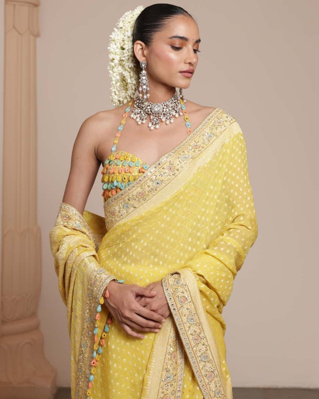 Lemon Yellow Bandhani Sari Set