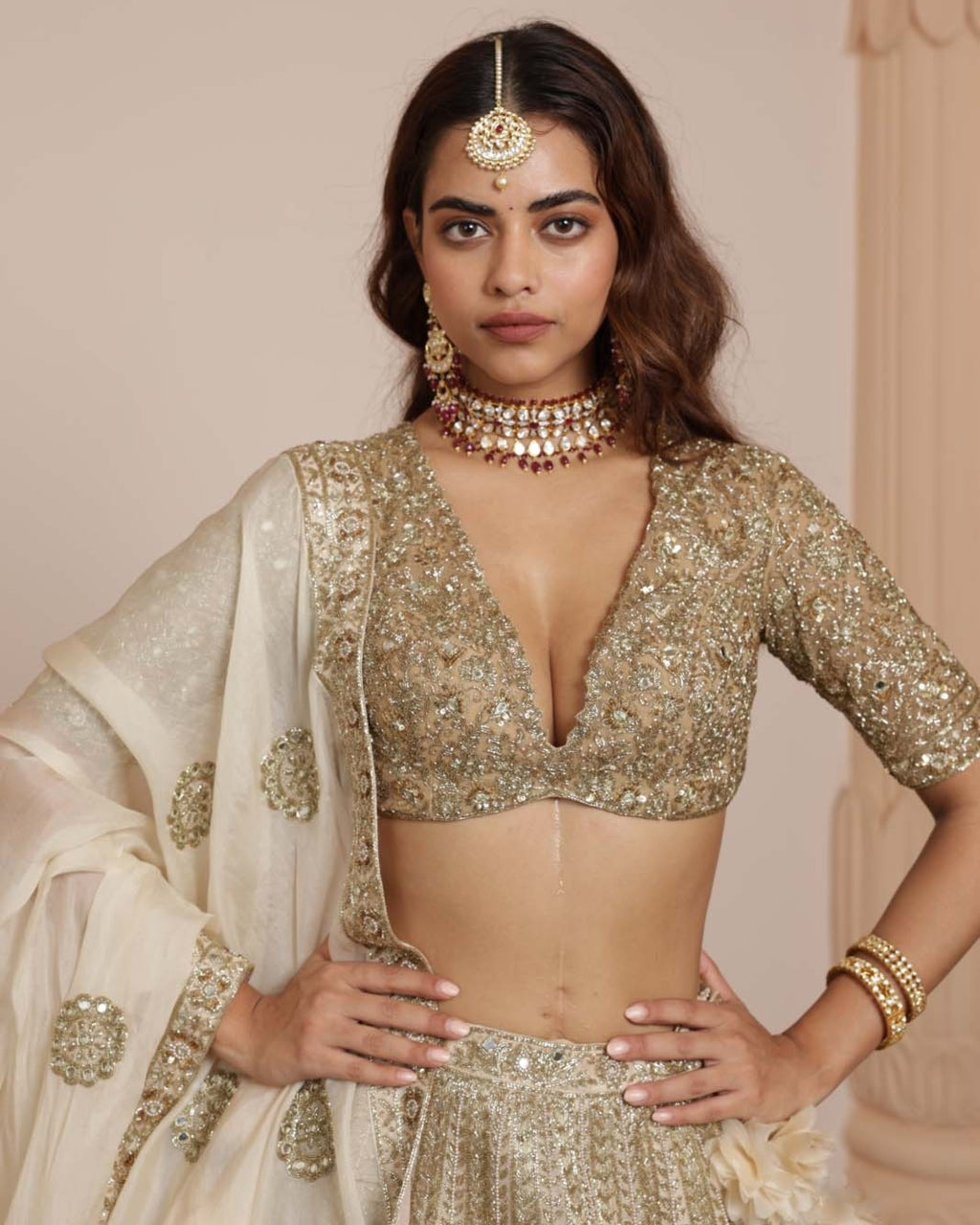 Coconut And Gold Lehenga Set