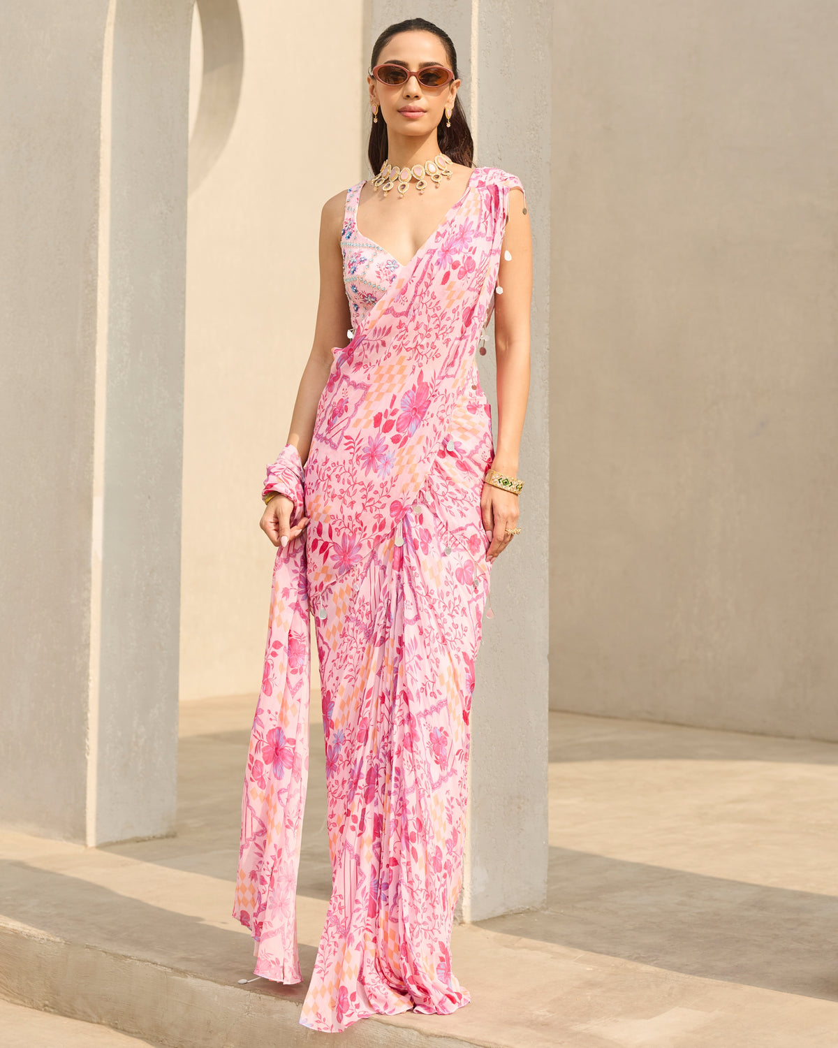 Pink Abstract Floral Printed Sari Set