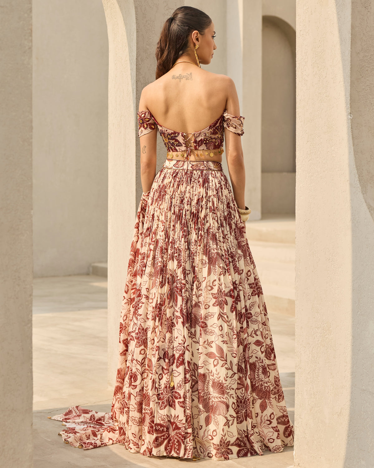 Ivory & Maroon Floral Printed Lehenga Set