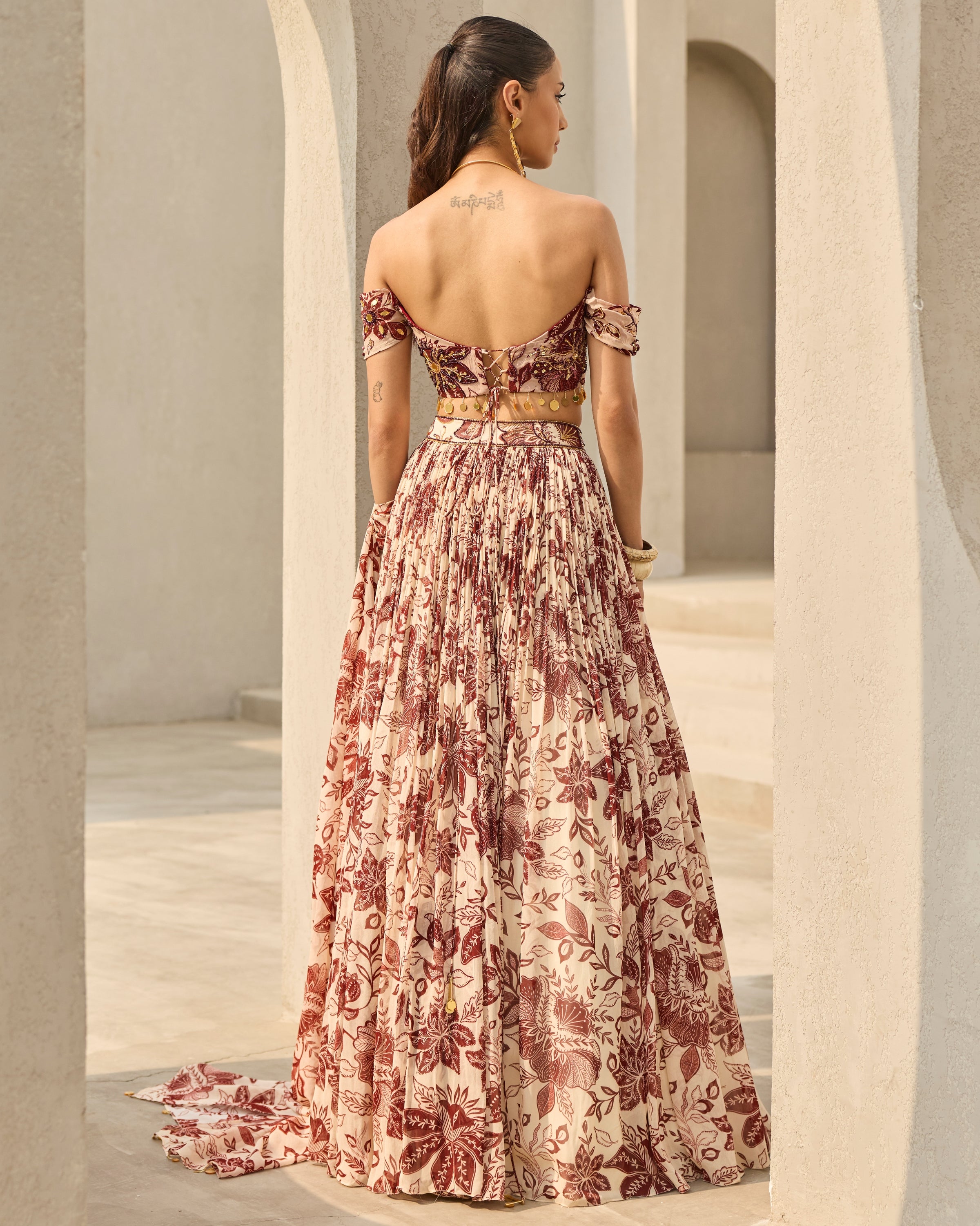 Ivory & Maroon Floral Printed Lehenga Set