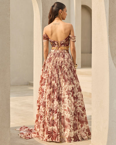 Ivory & Maroon Floral Printed Lehenga Set