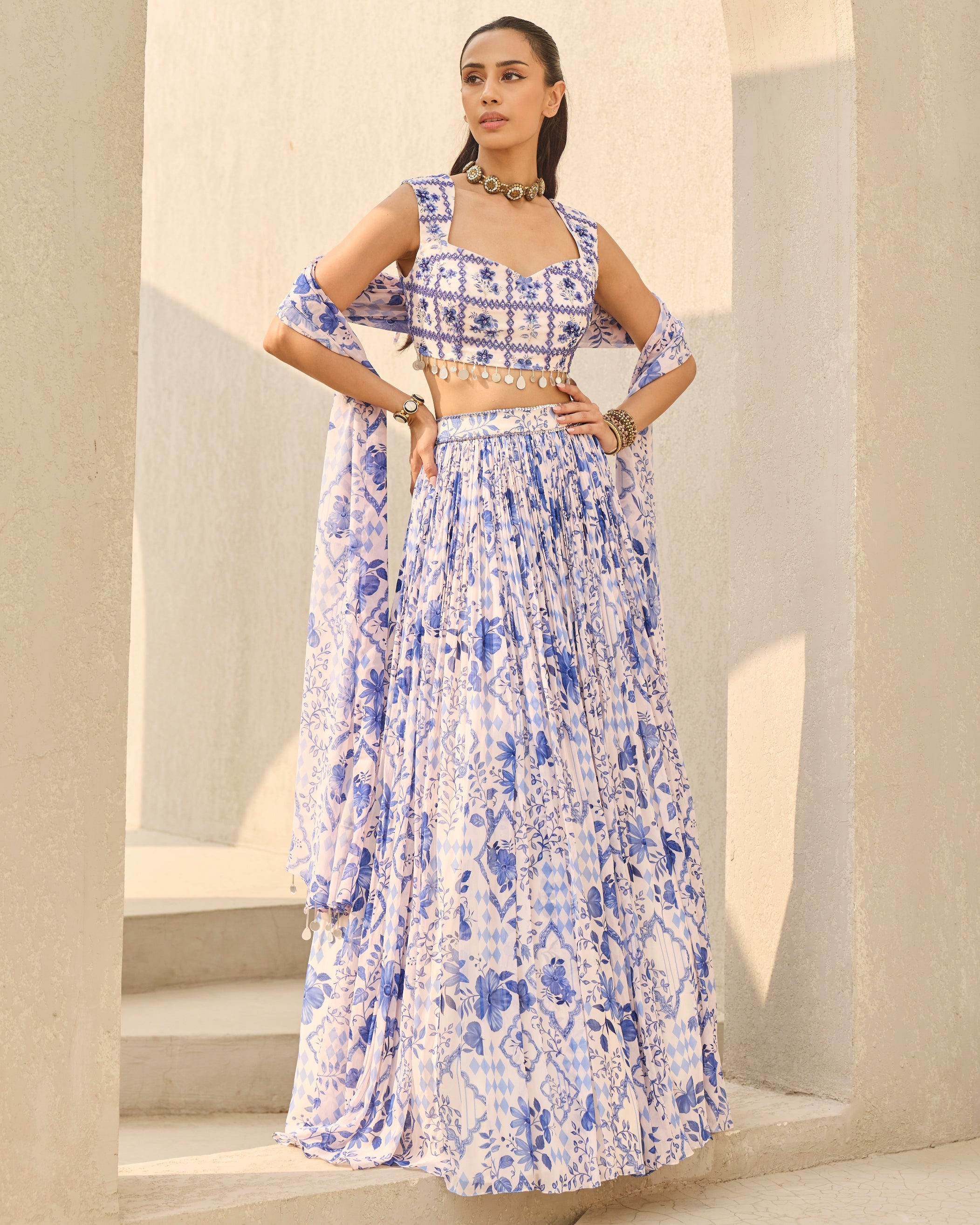 Ivory & Blue Abstract Floral Printed Lehenga Set