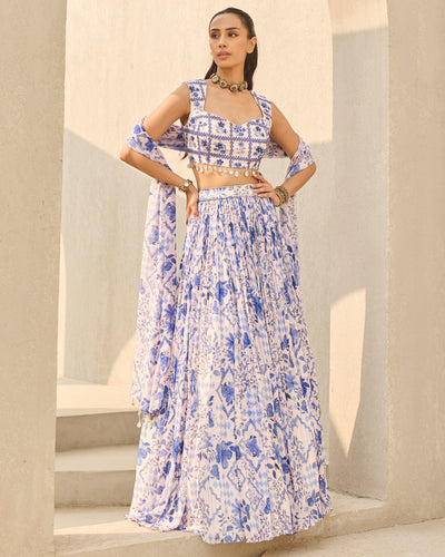 Ivory & Blue Abstract Floral Printed Lehenga Set