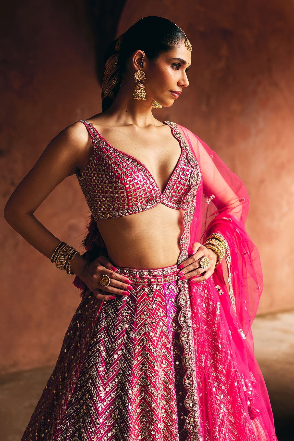 Multi Pink Raw Silk Lehenga Set