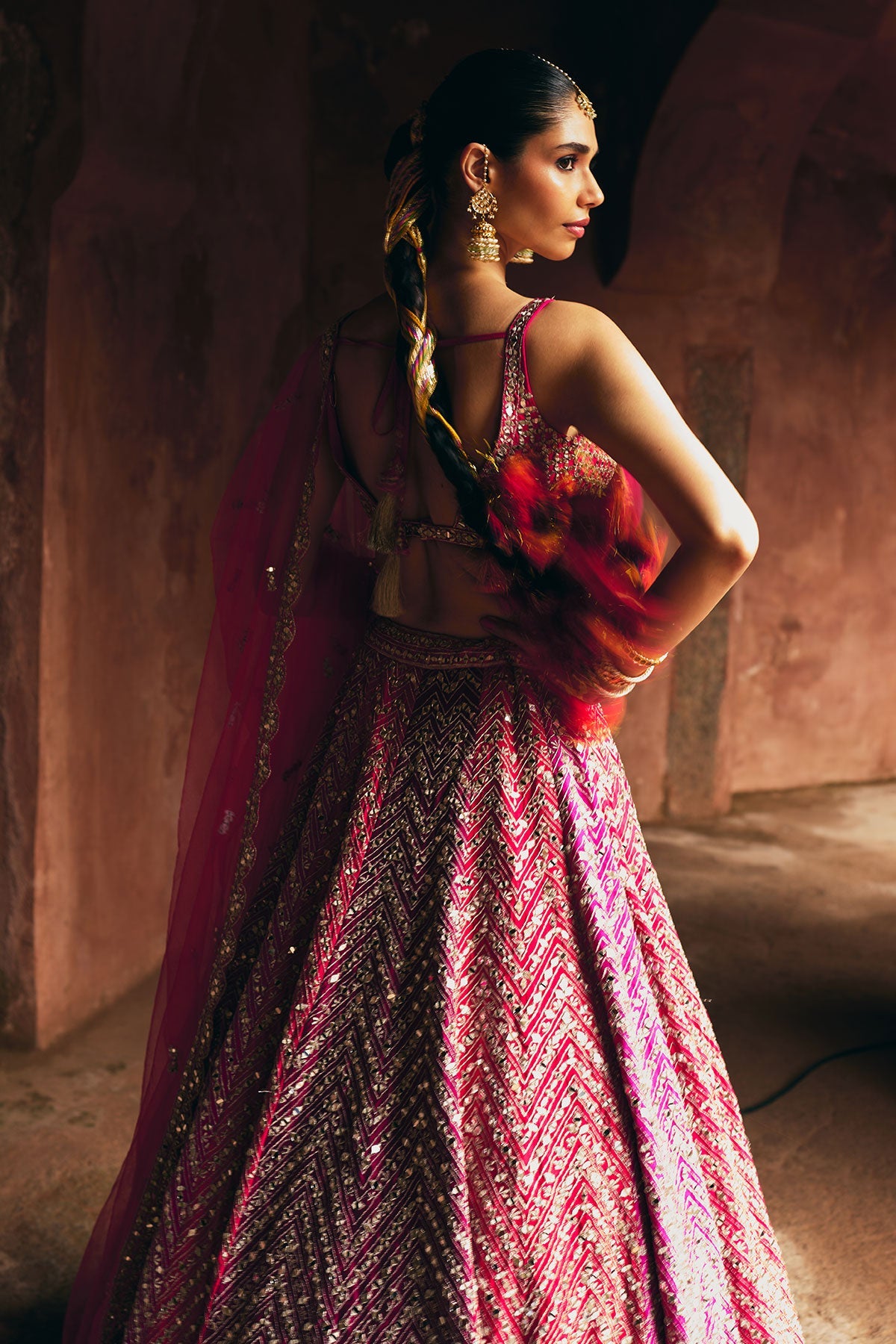 Multi Pink Raw Silk Lehenga Set