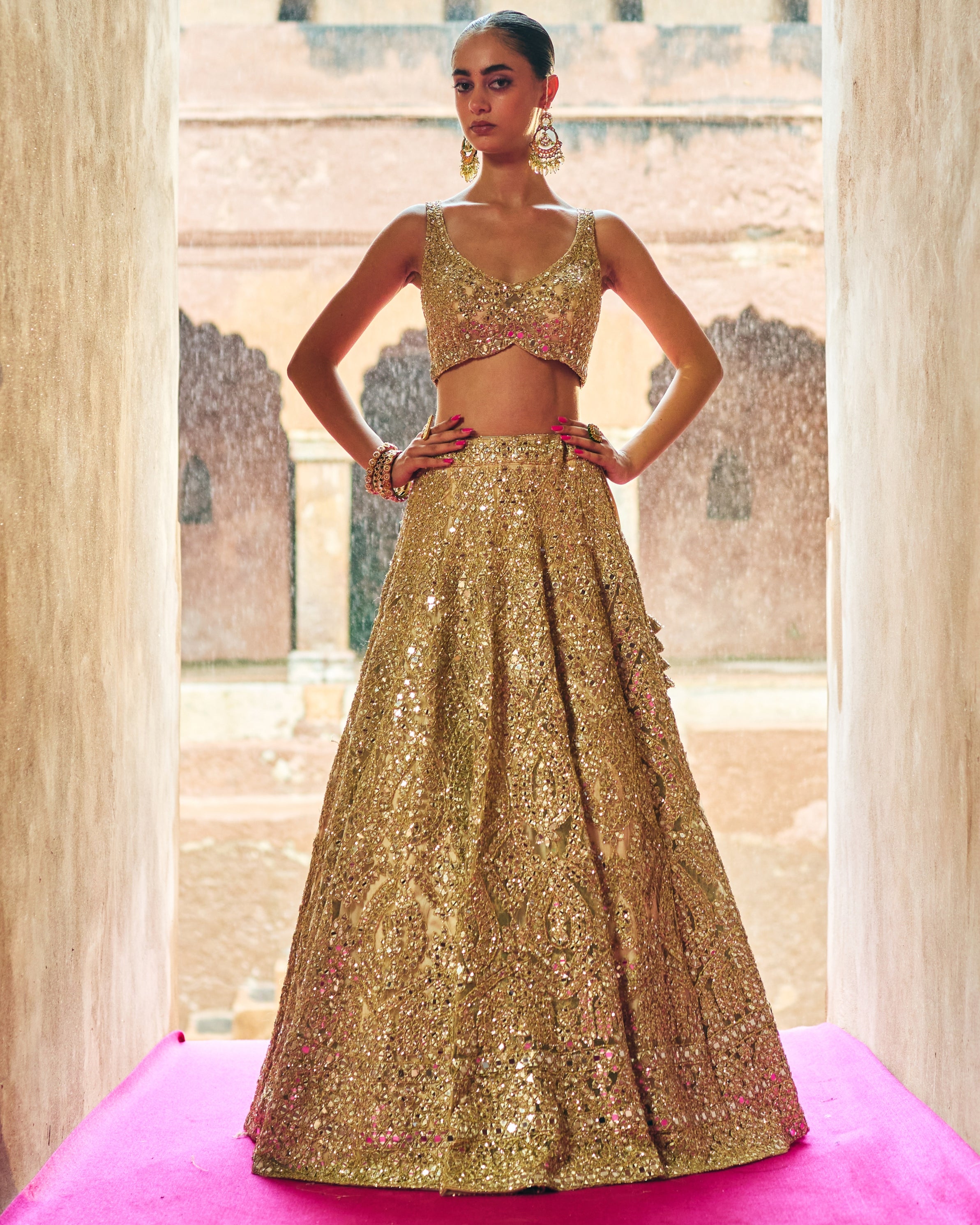 Gold Net Lehenga Set