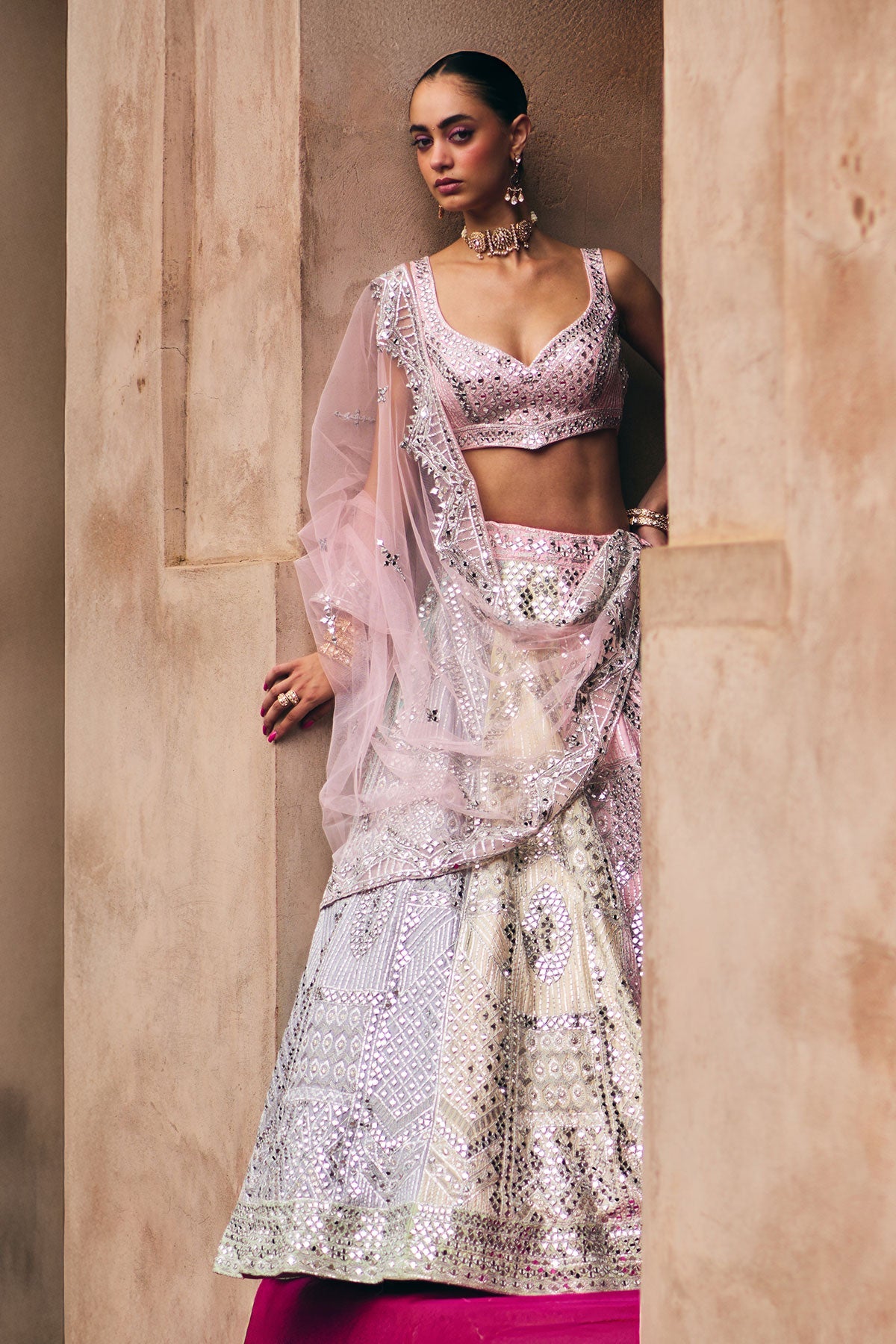 Multi Raw Silk Lehenga Set