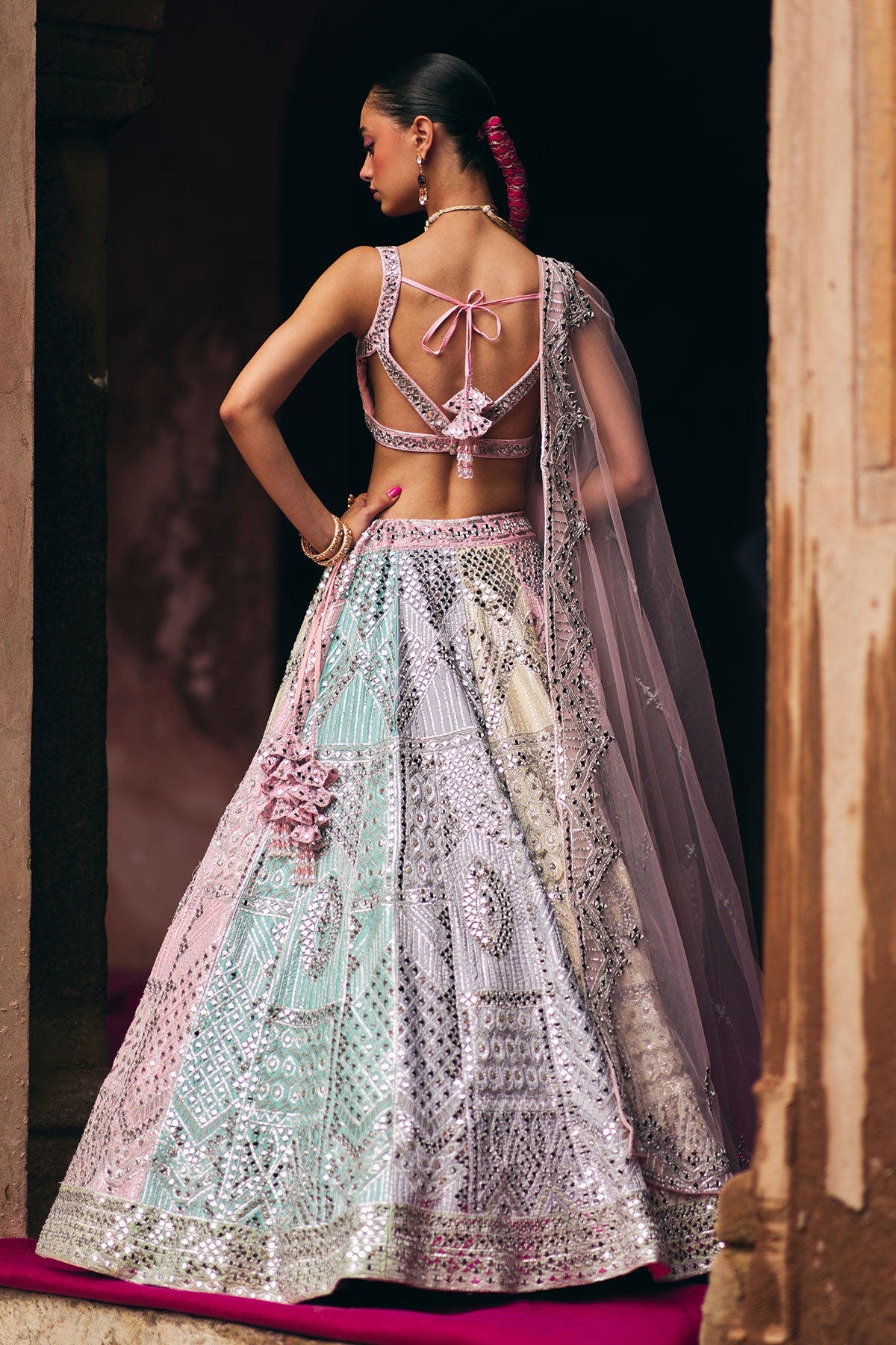 Multi Raw Silk Lehenga Set