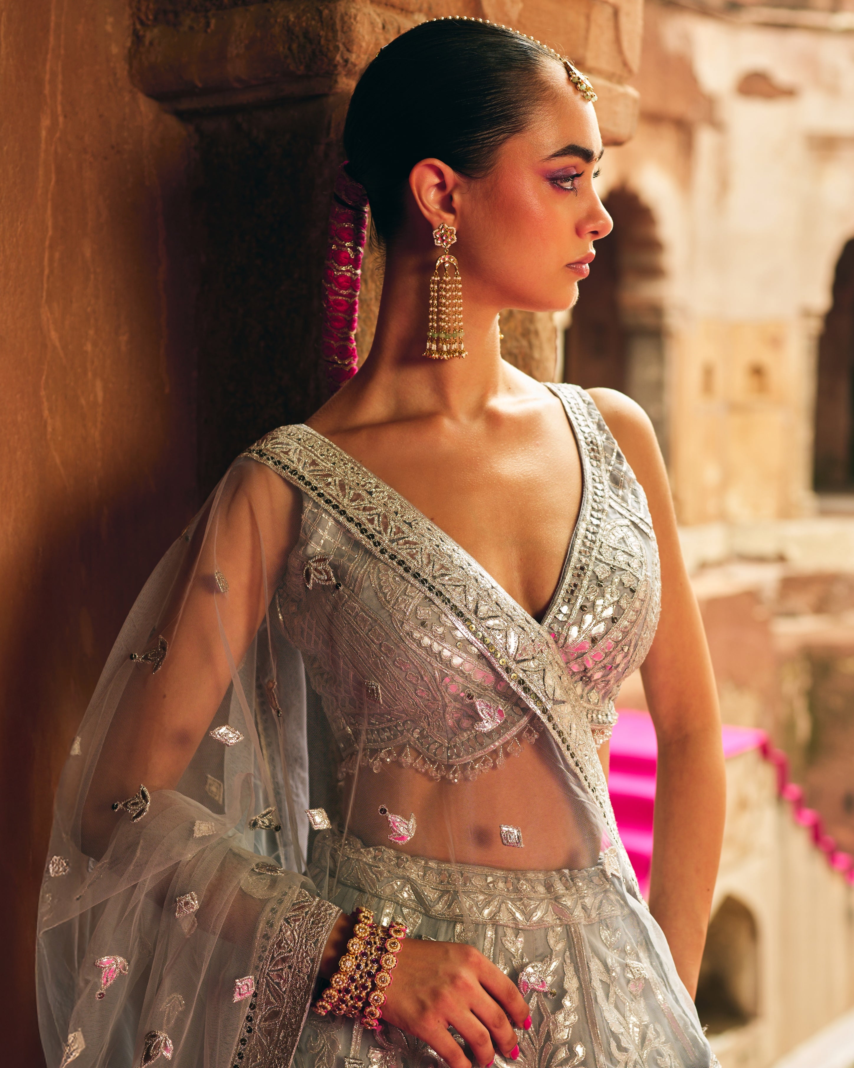 Grey Organza Lehenga Set