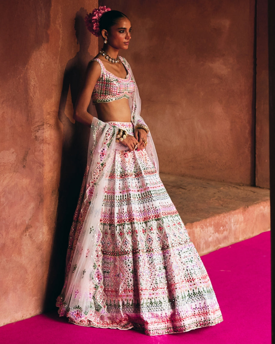 White Raw Silk Lehenga Set