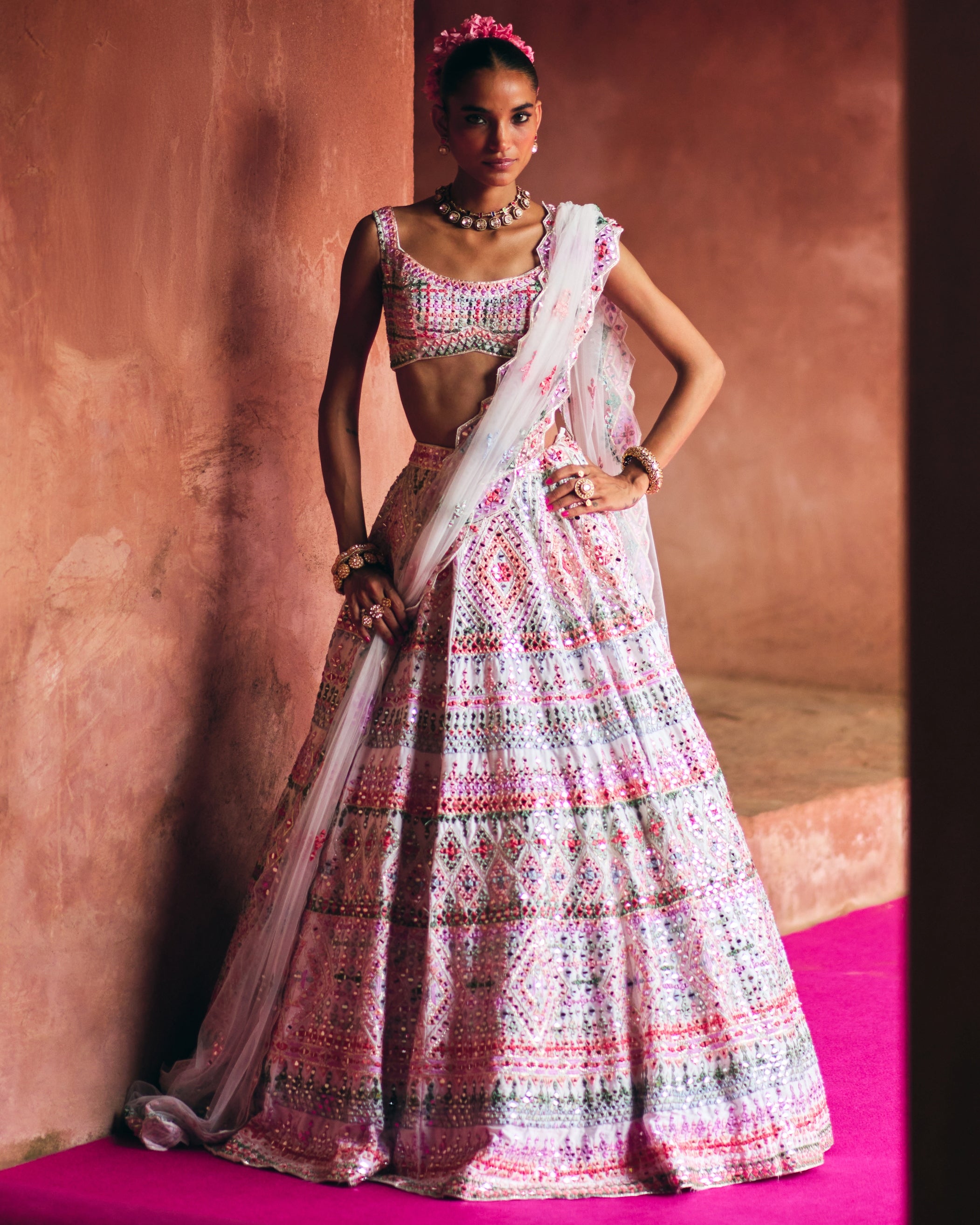 White Raw Silk Lehenga Set