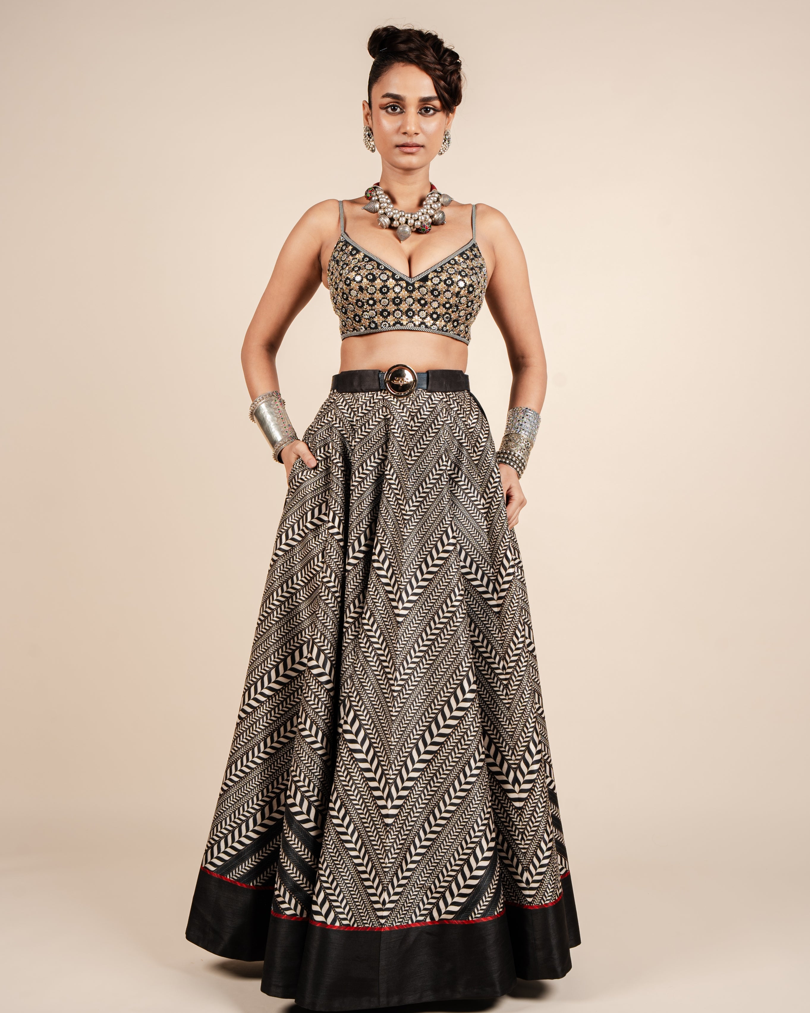 Black & Ivory Chevron Skirt Set