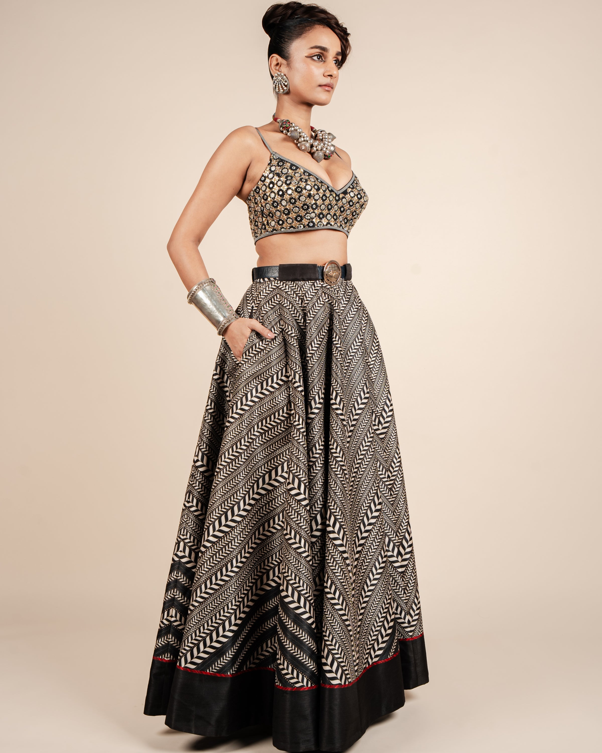 Black & Ivory Chevron Skirt Set