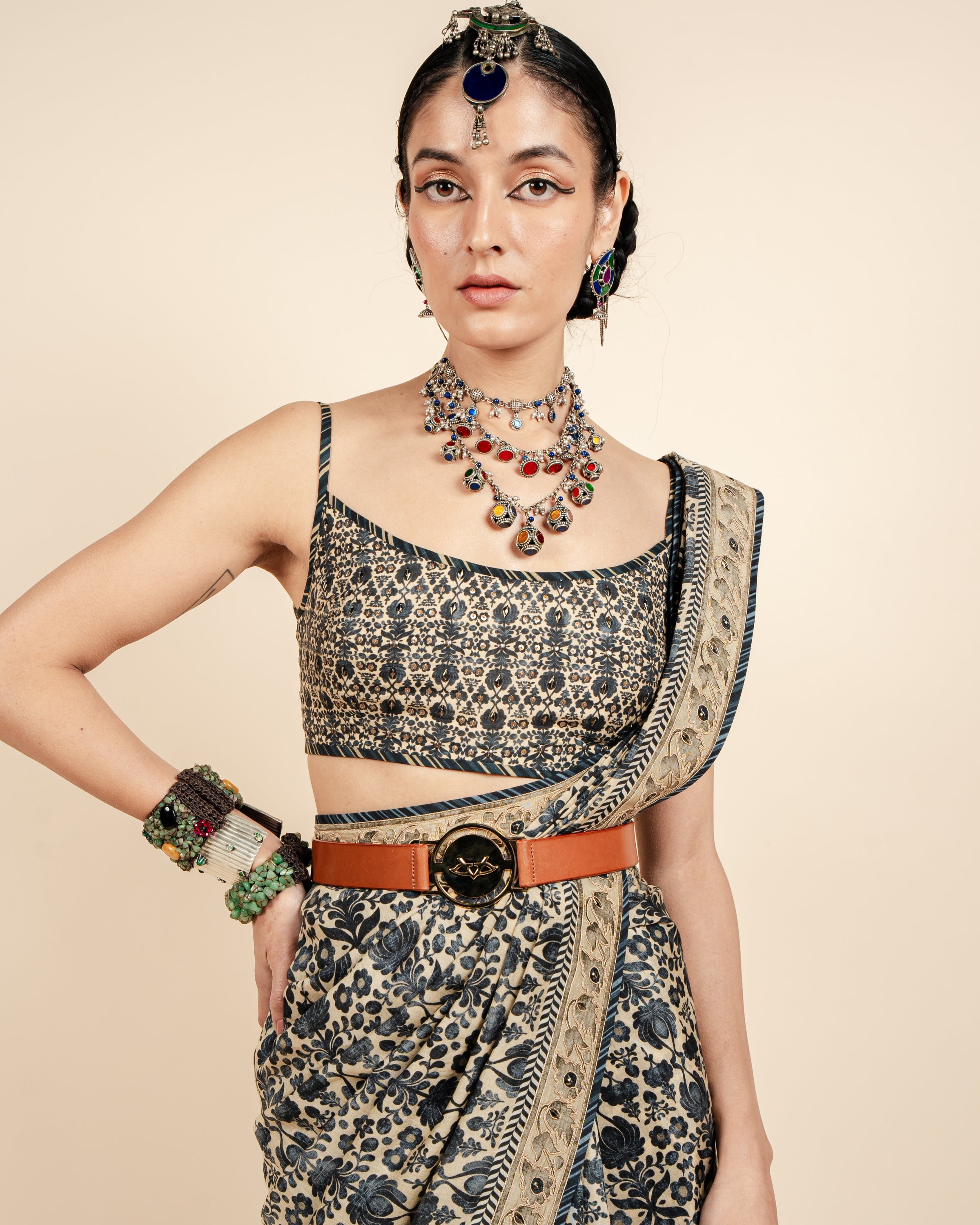 Crème Ivory - Blue Printed Sari Set