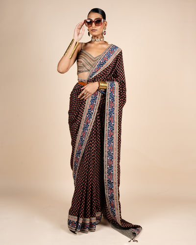 Rich Black Printed Sari Set