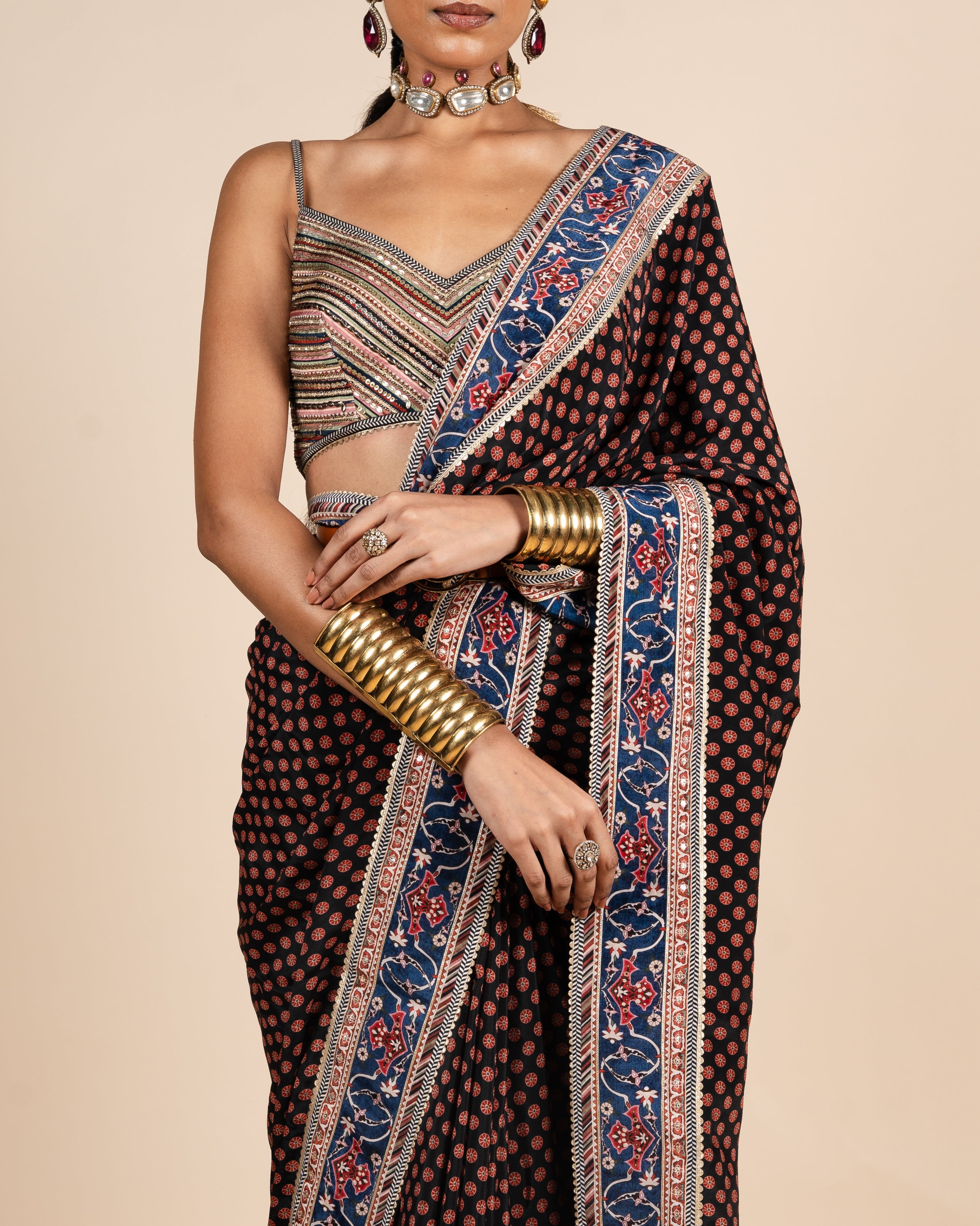 Rich Black Printed Sari Set