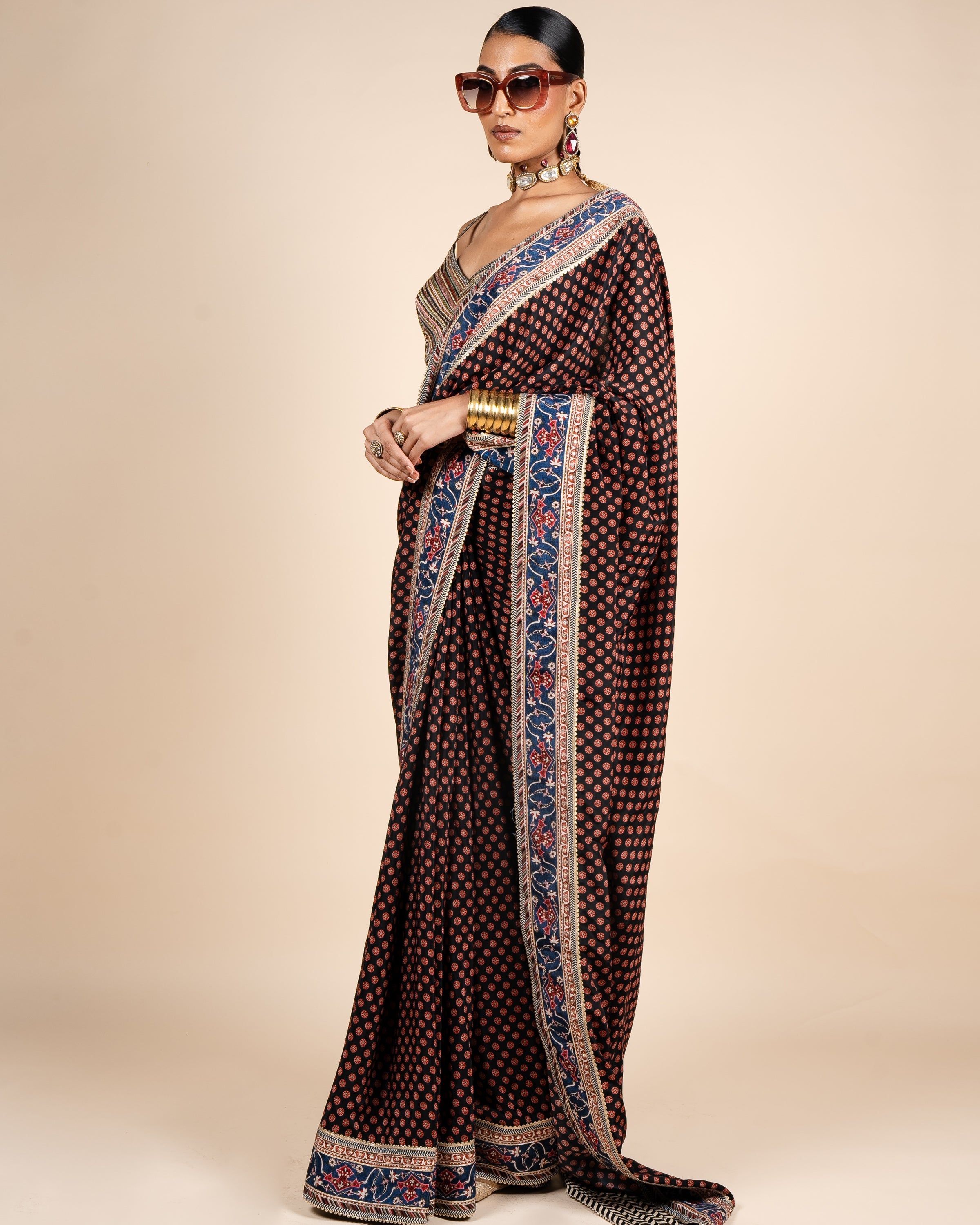 Rich Black Printed Sari Set