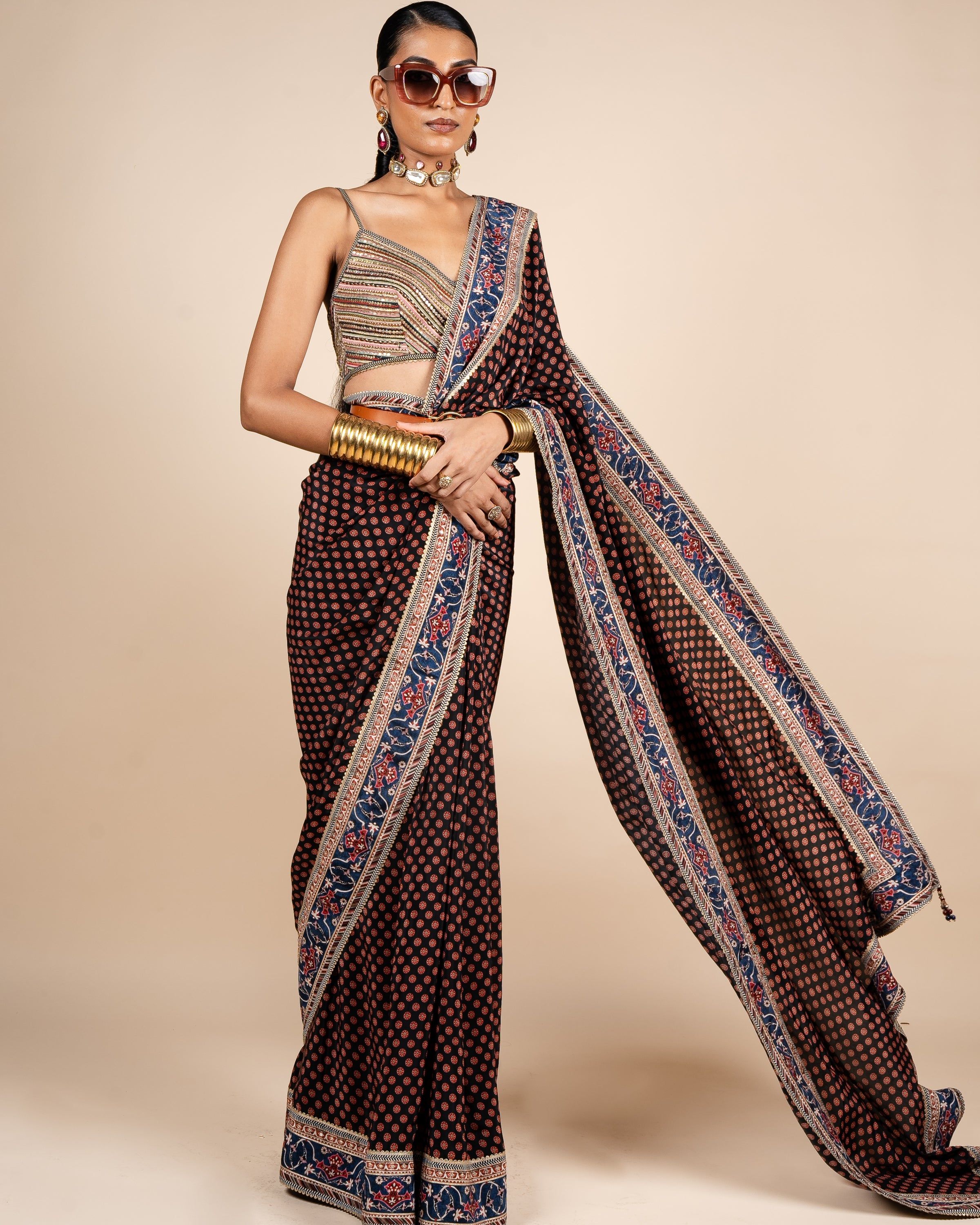 Rich Black Printed Sari Set