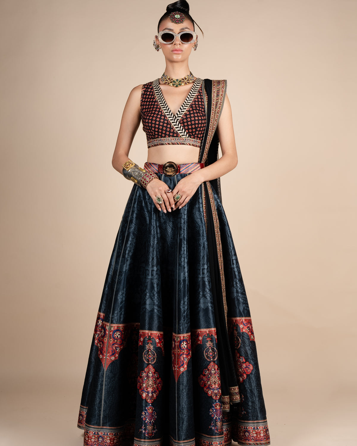 Midnight Blue Tonal Print Skirt Set