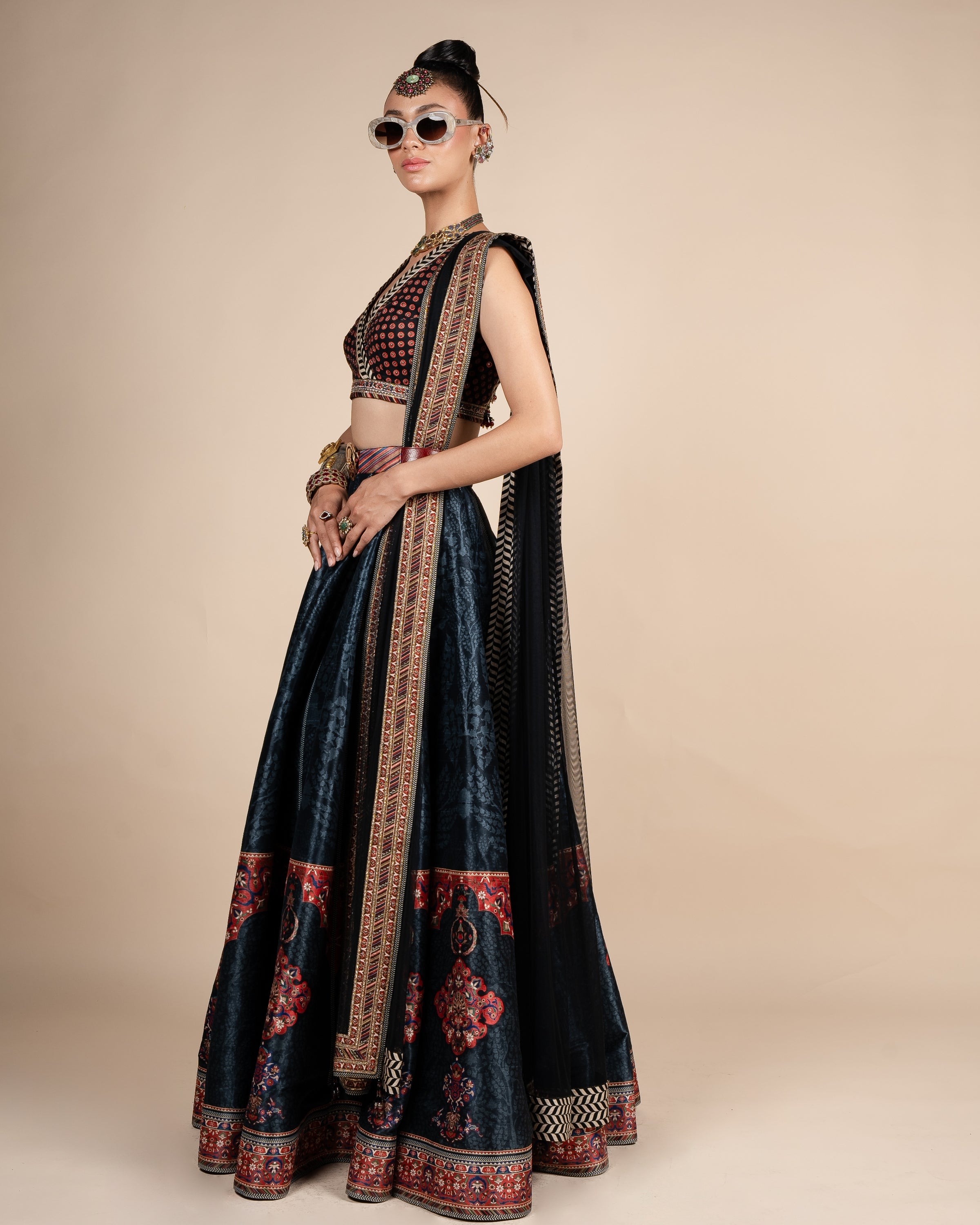 Midnight Blue Tonal Print Skirt Set