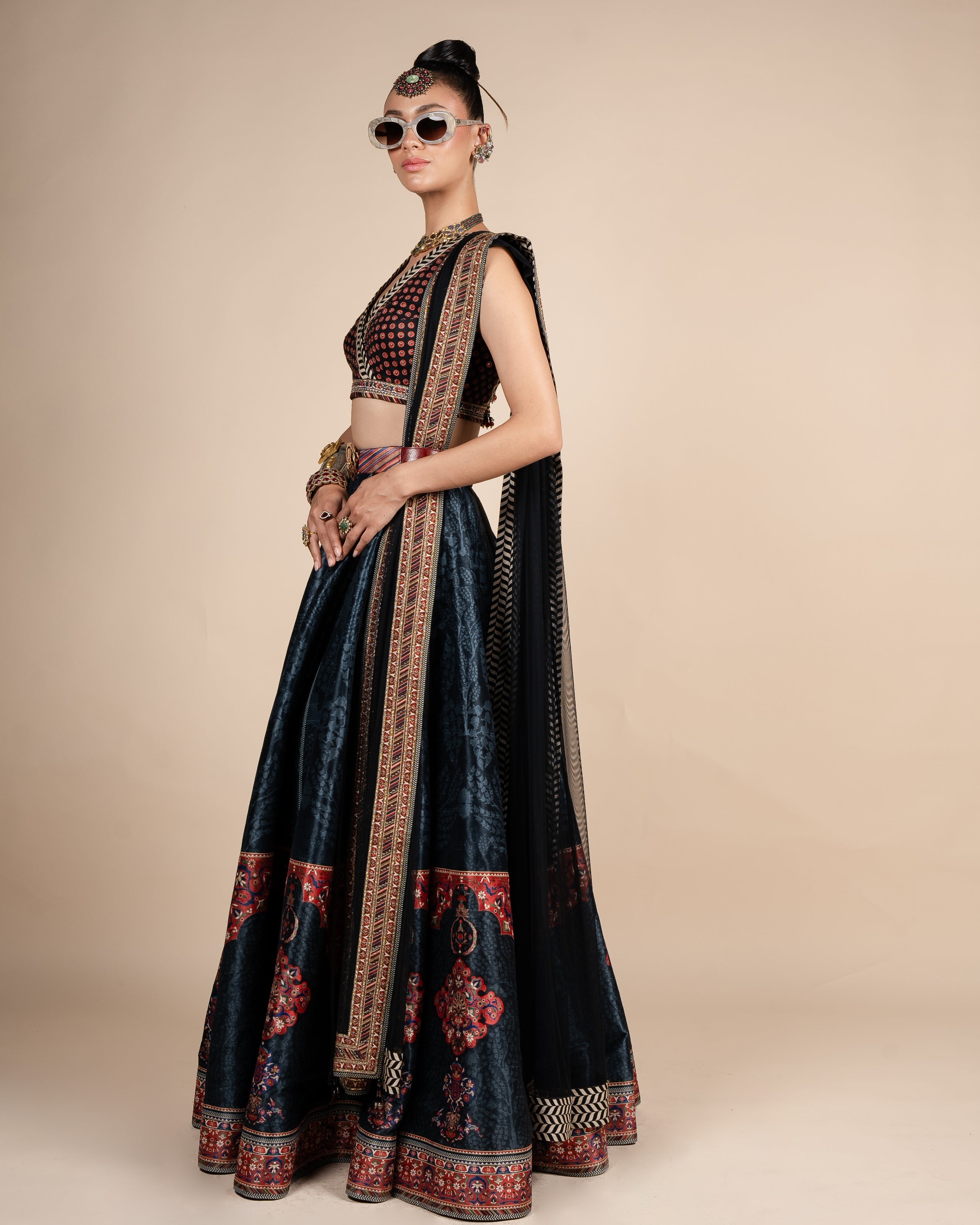 Midnight Blue Tonal Print Skirt Set