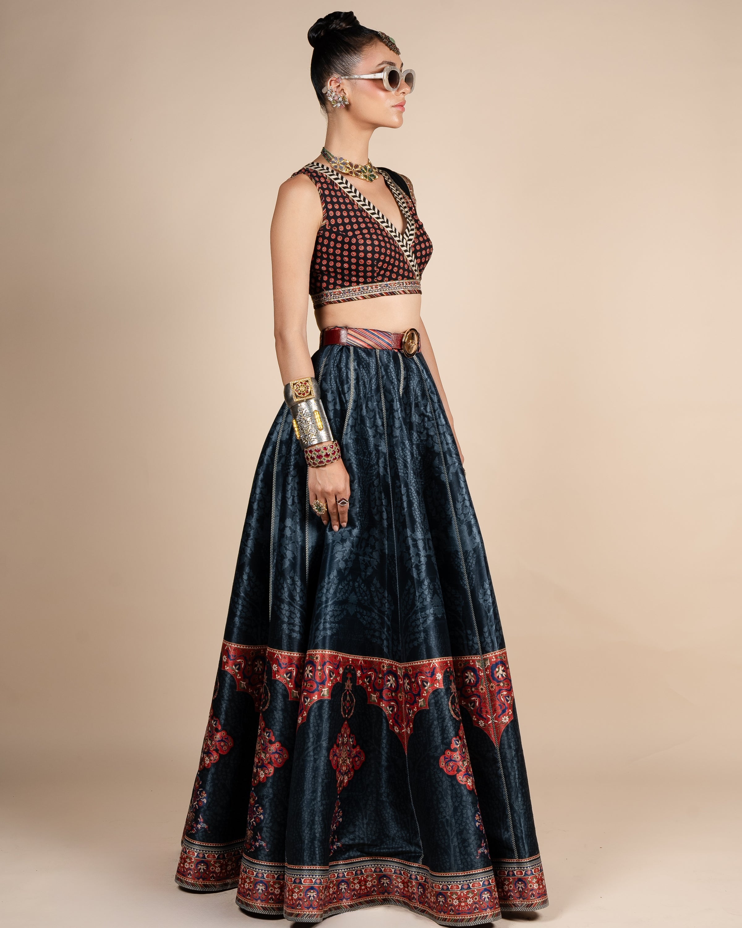 Midnight Blue Tonal Print Skirt Set