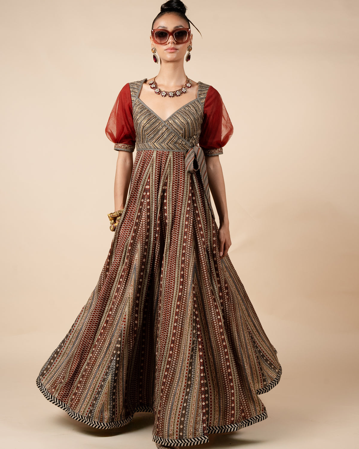 Crimson Red Striped Anarkali