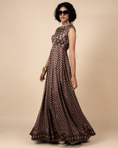 Umber Brown Printed Anarkali