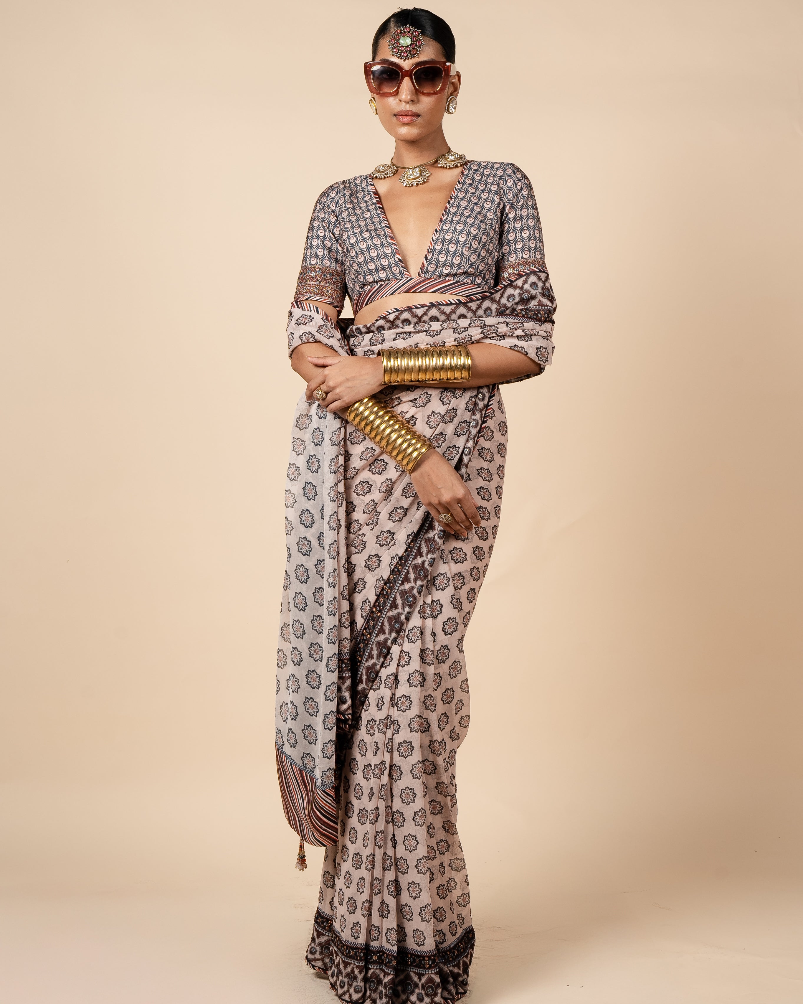 Blush Nugrey Printed Sari Set